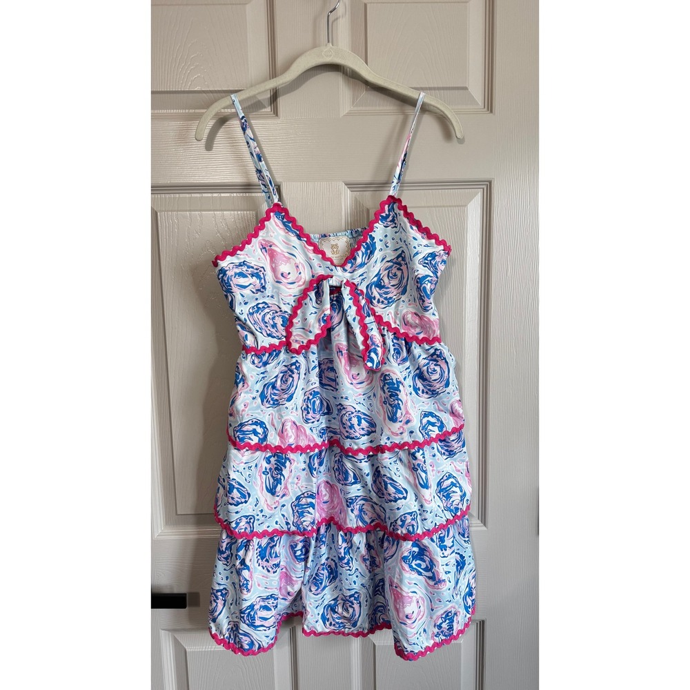 Simply Southern Mini Dress Pink Blue Floral Ric-Rac Tiered Smocked Back Small
